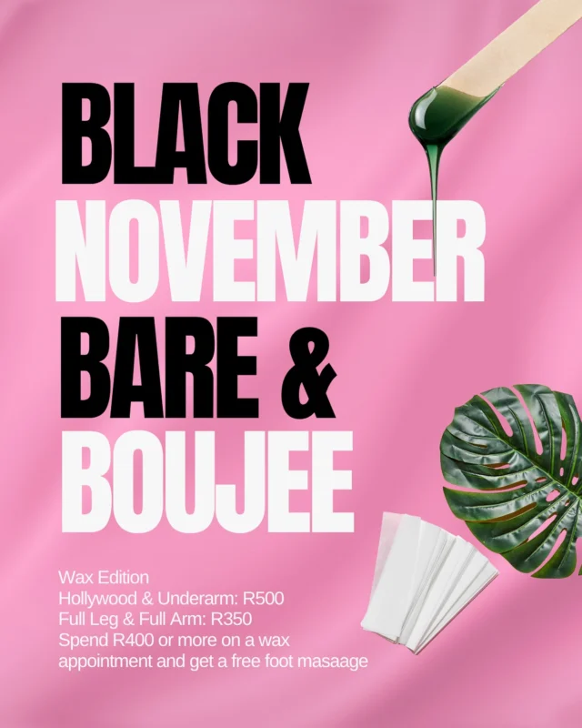 ✨ BLACK NOVEMBER: BARE & BOUJEE ✨
It’s smooth girl season at The Pink Room 😌💖
Get your glow and the deals:

💗 Hollywood + Underarm: R500
💗 Full Leg + Full Arm: R350
💗 Spend R400+ on any wax and get a FREE foot massage 👣✨

Soft skin, soft life all month long.
📲 Book your Bare & Boujee appointment today via WhatsApp 

#ThePinkRoomSA #BareAndBoujee #BlackNovember #WaxSpecials #SmoothSkinSeason #WaxingDeals #BeautySpecials #JohannesburgSalon #SelfCareSA #SoftLifeSA #GlowUpSeason #BeautyDeals